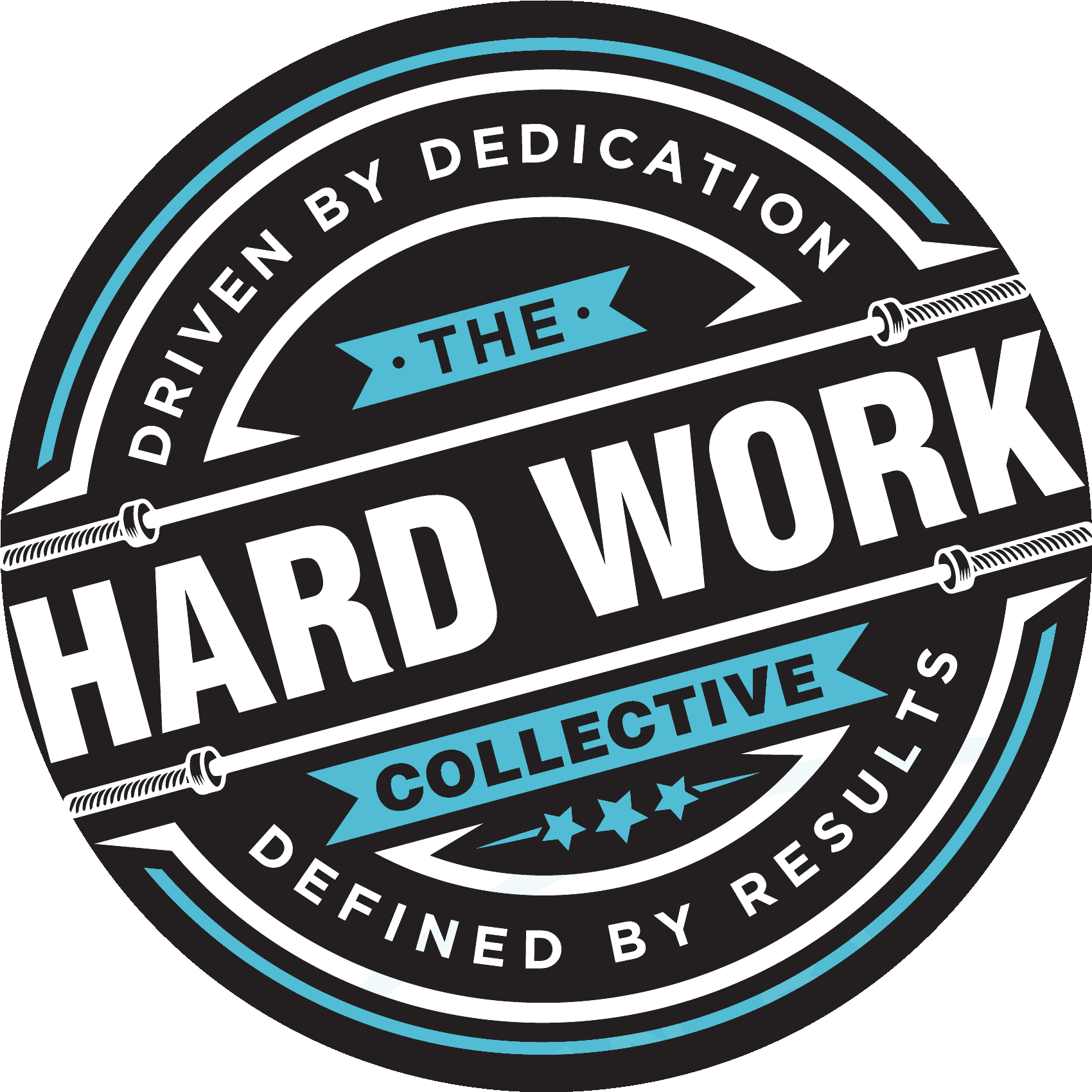 The Hard Work Collective badge logo — barbell motif with the tagline driven by dedication, defined by results